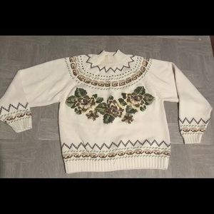 Vintage Eddie Bauer Black Label floral cotton heavy sweater Sz L cream